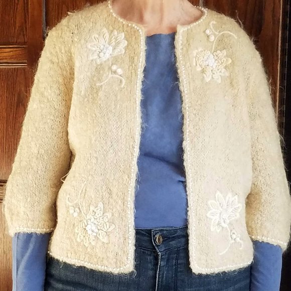 Vintage Mohair Embellished Sweater - I. Magnin - cream, size M-L - Picture 1 of 4
